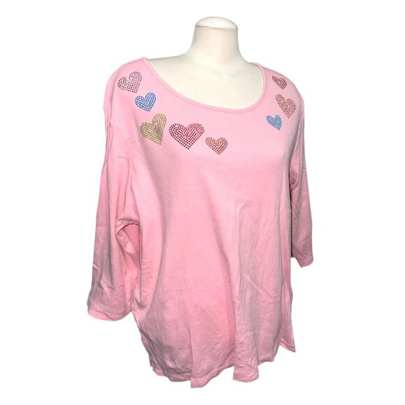Quacker Factory Pink 2X Womens Rhinestone Heart Embellished Cotton Scoop Neck 3/ - Picture 2 of 9